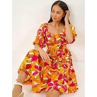 Roman Petite Floral Puff Sleeve Tiered Dress