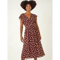 Roman Spot Print V-Neck Frill Midi Dress