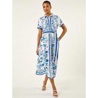 Roman Floral Border Print Collared Shirt Dress