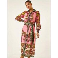 Roman Floral Print Border Shirt Midi Dress