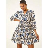 Roman Leaf Border Print Smock Dress
