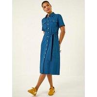 Roman Button Belted Collared Shirt Dress
