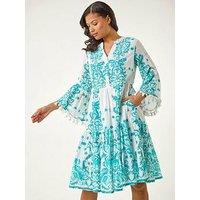 Roman Beaded Tassel Trim Smock Dress