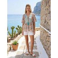 Roman Floral Print Tassel Neck Top
