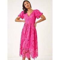 Roman Crochet Lace V-Neck Midi Dress