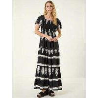 Roman Border Print Shirred Midi Dress