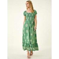 Roman Borderie Shirred Maxi Dress