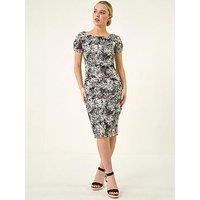 Roman Petite Lace Print Gathered Stretch Dress