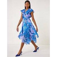 Roman Floral Frill Midi Wrap Dress