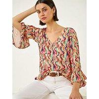 Roman Abstract Wave Print Flared Sleeve Top