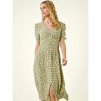 Roman Polka Dot Ruched Sleeve Midi Dress