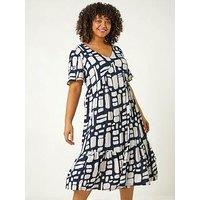 Roman Curve Print Tiered V-Neck Dress
