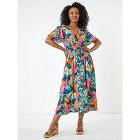 Roman Petite Leaf Print Shirred Midi Dress