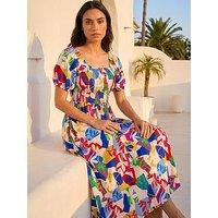 Roman Abstract Print Shirred Midi Dress
