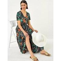 Roman Leaf Print V-Neck Tiered Midi Dress