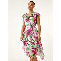 Roman Floral Ruffle Tie Waist Midi Dress