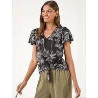 Roman Palm Tree Print Tie Front Top