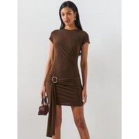 Mango Ruched Bodice Brooch Dress - Brown