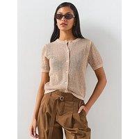 Mango Short-Sleeved Openwork Knitted Cardigan - Beige