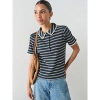 Mango Scalloped Striped Polo - Navy