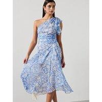 Mango Floral Dress With Asymmetrical Neckline - Blue