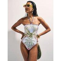 River Island Place Print Bandeau Swimsuit - Blue
