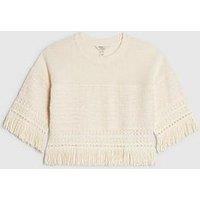 River Island Short Sleeve Petite Fringe Top - Cream