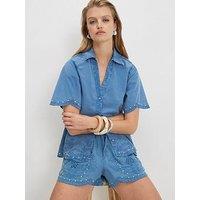 River Island Chambray Cutwork Co-Ord Emb Shirt - Blue