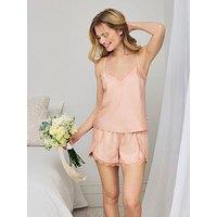 Chelsea Peers Satin Tulip Hem Lace Trim Cami Short Pyjama Set - Soft Rose