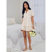 Chelsea Peers Organic Cotton Embroidered Just Married Frill Short Pyjama Set - Cream
