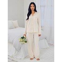 Chelsea Peers Organic Cotton Embroidered Just Married Frill Long Pyjama Set - Cream