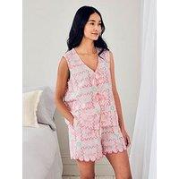 Chelsea Peers Linen-Blend Tie Front Cami Cocktail Leopard Geo Print Short Pyjama Set