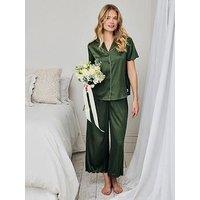 Chelsea Peers Satin Scallop Edge Long Pyjama Set - Khaki