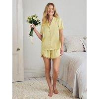 Chelsea Peers Satin Tulip Hem Lace Trim Button Up Short Pyjama Set - Butter Yellow