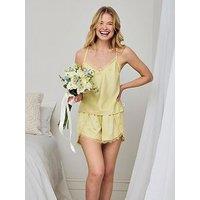 Chelsea Peers Satin Tulip Hem Lace Trim Cami Short Pyjama Set - Butter Yellow