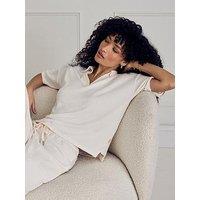 Chelsea Peers Slub-Knit V-Neck Short Sleeve Sweatshirt - Cream