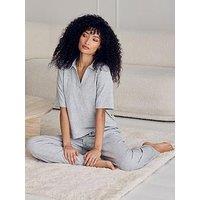 Chelsea Peers Slub-Knit V-Neck Short Sleeve Sweatshirt - Grey