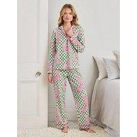 Chelsea Peers Organic Cotton Checkerboard Leopards Print Long Pyjama Set