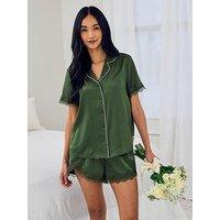 Chelsea Peers Satin Tulip Hem Lace Trim Button Up Short Pyjama Set - Khaki