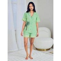 Chelsea Peers Organic Cotton Embroidered Tropical Palm Stripe Short Pyjama Set