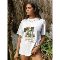 Chelsea Peers Organic Cotton Embroidered Maison Riviera Sous Les Palmiers Print T-Shirt - White