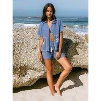 Chelsea Peers Embroidered Chambray Organic Cotton Short Sleeve Shirt - Blue