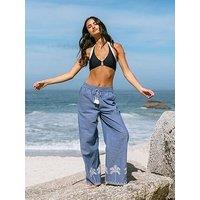 Chelsea Peers Embroidered Chambray Organic Cotton Scallop Edge Wide Leg Trousers - Blue