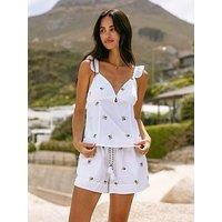 Chelsea Peers Organic Cotton Poplin Embroidered Olive Print Frill Cami Top - White