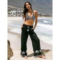 Chelsea Peers Linen-Blend Embroidered Scallop Edge Trousers - Black & White