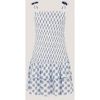 Monsoon Girls Woodblock Shirred Dress - White