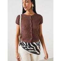 Mango Short-Sleeved Crochet Cardigan - Brown