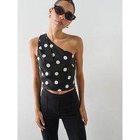 Mango Asymmetric Polka Dot Top - Black