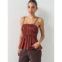 Mango Ruched Cotton Top - Brown