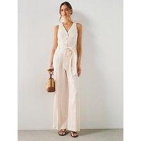 Mango Belt Linen Jumpsuit - Cream
